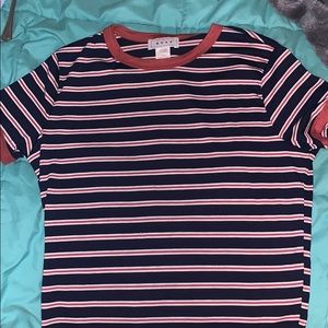 a striped navy blue and topaz shirt
